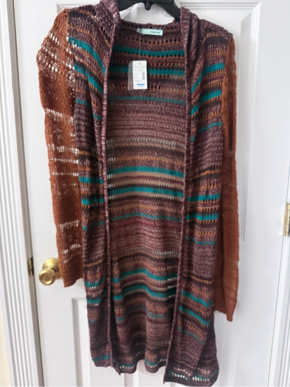 Maurices Brown Teal Open-Knit Hooded Striped Cardigan